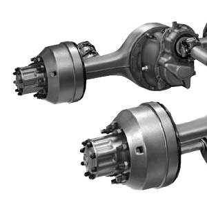 Front axle of a vehicle, connecting the wheels and supporting the weight. Essential for steering and stability.
